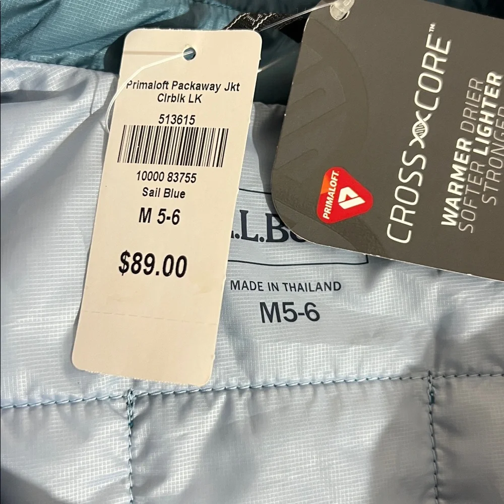 LL Bean PrimaLoft Packaway Jacket in Sail Blue Stripe, Kid’s size Medium